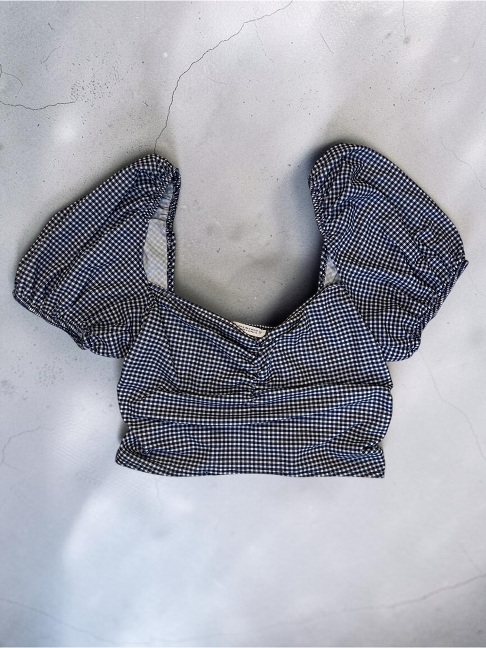 Zara Navy Gingham Puff-Sleeve Crop Top